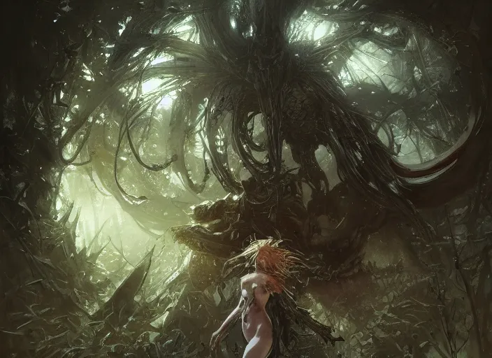 Image similar to my bed giant girl cthulhu in the dark forest greg rutkowski, yoji shinkawa, yoshitaka amano, tsutomu niehi, moebius, donato giancola, geoffroy thoorens, concept art, trending on artstation, featured on pixiv, cinematic composition, 8 k