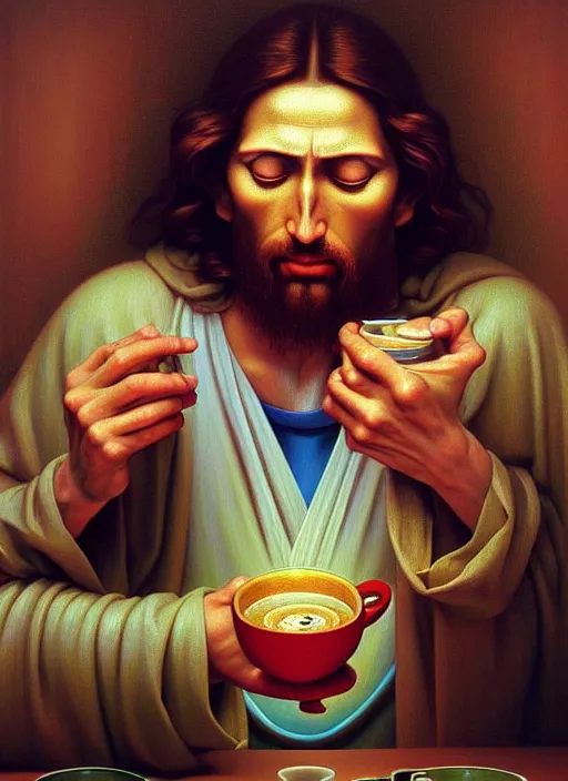 Image similar to hyper detailed 3d render like an Oil painting - Portrait of Jesus Christ drinking coffee by Jacek Yerka, Mariusz Lewandowski, Houdini algorithmic generative render, Abstract brush strokes, Masterpiece, Edward Hopper and James Gilleard, Zdzislaw Beksinski, Mark Ryden, Wolfgang Lettl, hints of Yayoi Kasuma, octane render, 8k