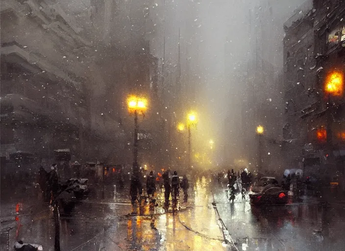 Image similar to a cityscape in winter painting by jeremy mann, street - level, dripping oil paint, thick brushstrokes, high resolution