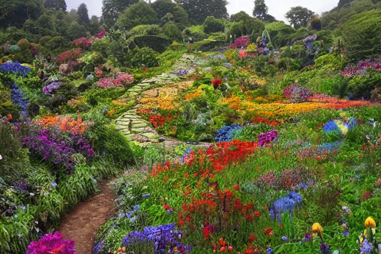 Image similar to outrageous flower garden next to a lush forest on a hill with tiny paths weaving everywhere and littl signposts marking the directions along the way, epic, beautiful light, highly detailed by beatrix potter, brian froud, amy brown, lisa frank