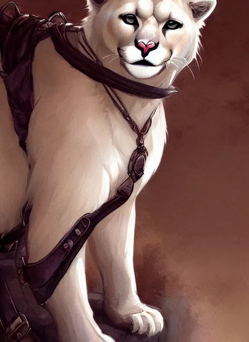 Prompt: beautiful portrait commission of a male furry anthro albino mountain lion wearing year 1915 miner's clothes. Atmospheric. Character design by charlie bowater, ross tran, artgerm, and makoto shinkai, detailed, inked, western comic book art