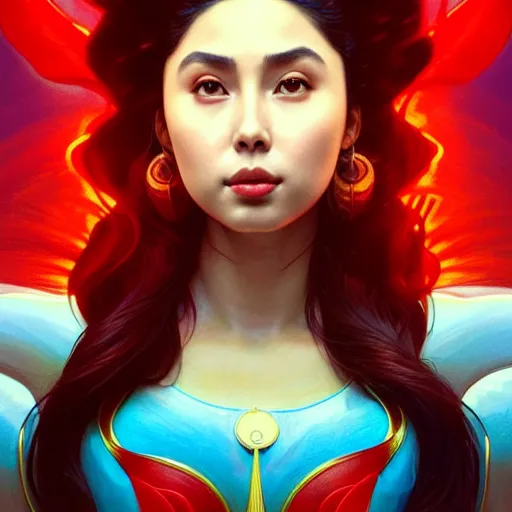 Image similar to julia barretto as darna, volumetric lights, red and cyan theme, art nouveau botanicals, intricate, highly detailed, digital painting, artstation, concept art, smooth, sharp focus, cinematic, illustration, beautiful face, art by artgerm and greg rutkowski and alphonse mucha