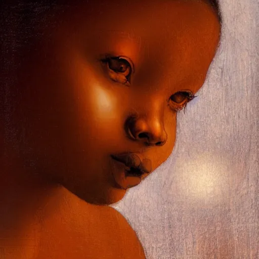 Image similar to a painting of a African girl by Leonardo da Vinci . dramatic angle, ethereal lights, details, smooth, sharp focus, illustration, realistic, cinematic, artstation, award winning, rgb , unreal engine, octane render, cinematic light, macro, depth of field, blur, red light and clouds from the back, highly detailed epic cinematic concept art CG render made in Maya, Blender and Photoshop, octane render, excellent composition, dynamic dramatic cinematic lighting, aesthetic, very inspirational, arthouse.