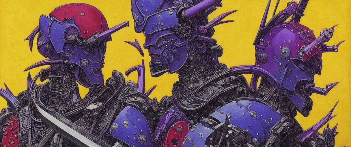 Prompt: composition of gothic and futuristic, warhammer, cyber japan samurai armor, more and more scars, storm, blue head, purple, red, yellow, many mech flowers, the middle ages, highly detailed, artstation, in the style of moebius, jugendstil and classic japanese print, art by jean delville and rene magritte