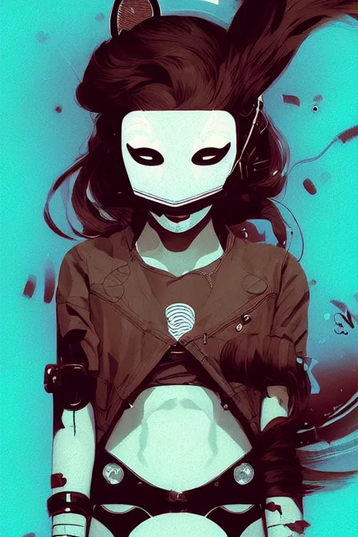 Prompt: techno music - wave highly detailed portrait female in edm club, with kitsune mask, long red hair, by atey ghailan, by greg rutkowski, by greg tocchini, by james gilleard, by joe fenton, by kaethe butcher, dynamic lighting, gradient light blue, brown, blonde cream and white color scheme, grunge aesthetic