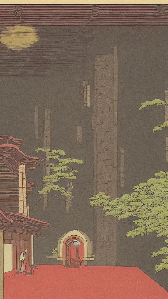 Image similar to a beautiful ancient bathhouse with a bathing alien creature in the autumn by hasui kawase