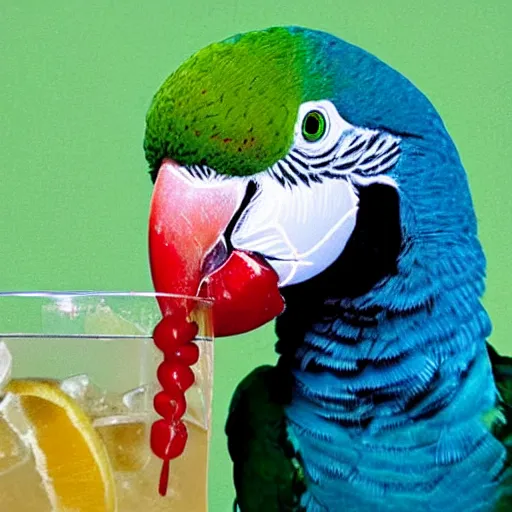 Prompt: A portrait photo of a parrot sipping a fruity drink through a straw in Margaritaville