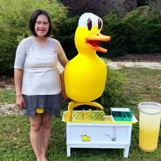 Prompt: a yellow human sized duck standing next to a children's lemonade stand