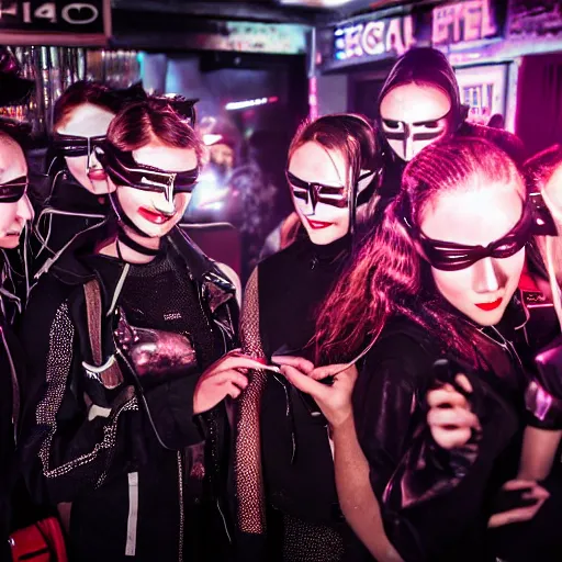 Image similar to photograph of a retro techwear female group near the bar of a packed busy rundown nightclub, lots of people, sharp and sparkly masks, retrofuturism, brutalism, cyberpunk, sigma 85mm f/1.4, 15mm, 35mm, tilted frame, long exposure, 4k, high resolution, 4k, 8k, hd, wide angle lens, highly detailed, full color, harsh light and shadow, film grain