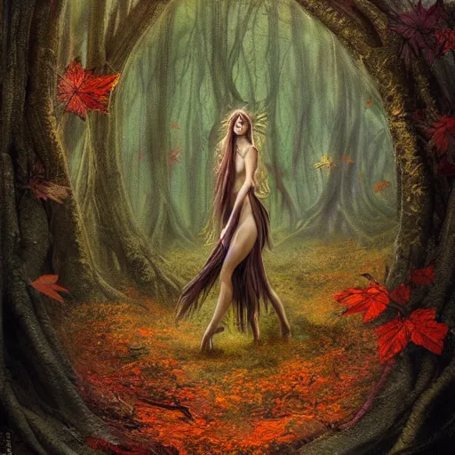 Prompt: portrait of a dryad in a shadowy forest of autumn maples by brian froud and jessica rossier dark mysterious -