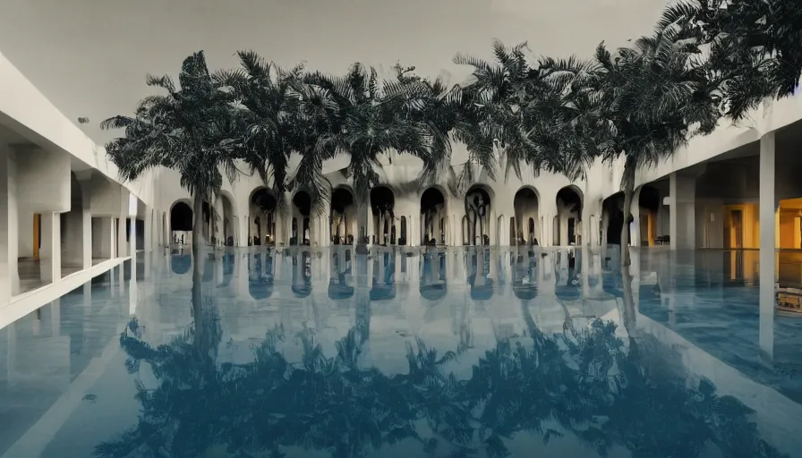 Prompt: symmetrical establishing shot of The unsettling courtyard of a monochrome modernist hotel designed by Luis Barragán, An empty swimming pool in the foreground. Walls are made of highly ornamented vaults arabesque arches Single point perspective photographed by Wes Anderson and Andreas Gursky. Cinematic, dramatic lighting, moody, eerie, illustration, uncanny, creepy Sigma 75mm, very detailed, golden hour, Symmetrical, centered, intricate, Dynamic Range, HDR,