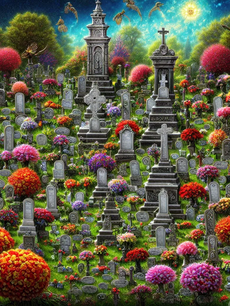 Prompt: intricate detailed flower covered Cemetery Fountain with grave stones surrounding. Depth of field, james gurney, Lisa Frank, dan luvisi,Petros Afshar,tim hildebrandt,liam wong,Mark Riddick,thomas kinkade,ernst haeckel,dan mumford,trending on artstation,josephine wall, WLOP ,cgsociety by Gediminas Pranckevicius, trending on cgsociety and DeviantArt