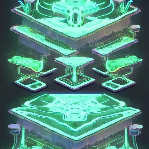 Prompt: concept art 2 d game asset of furniture with an organic isometric design based on bioluminescent alien - like plants inspired by the avatar's bioluminescent alien nature. around the furniture, we can see plants that glow in the dark. all in isometric perspective and semi - realistic style item is in a black background