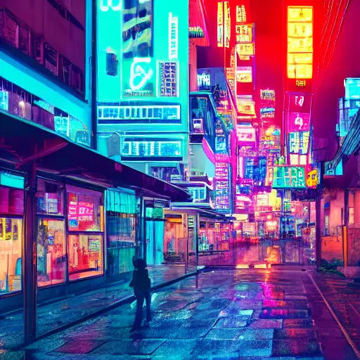 Image similar to cyberpunk city scene at night with colorful neon lit rainy streets and signs with a flamingo, film still