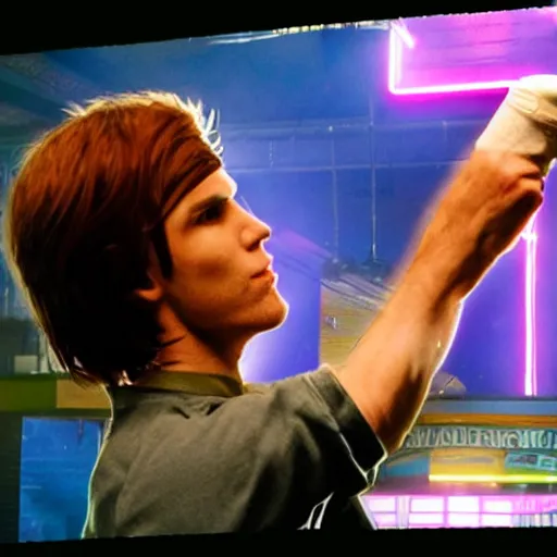 Image similar to Live Action Still of Jerma in Scott Pilgrim, real life, hyperrealistic, ultra realistic, realistic, highly detailed, epic, HD quality, 8k resolution, body and headshot, film still