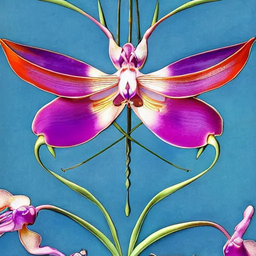 Image similar to majestic colorful orchid mantis cloisonne enamel by leon bakst and yoshitaka amano, cloisonne, beautiful hyperdetailed art nouveau orchids, james jean, amanda sage