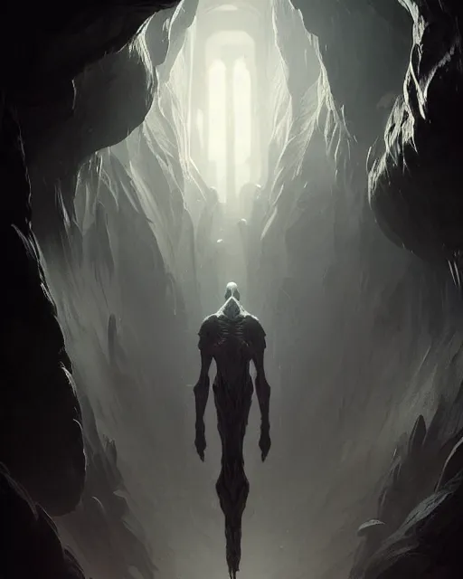 Image similar to professional concept art of a ominous alien floating in a dark cavern by artgerm and greg rutkowski ( thin white border ). an intricate, elegant, highly detailed digital painting, concept art, smooth, sharp focus, illustration, in the style of cam sykes, wayne barlowe, igor kieryluk.