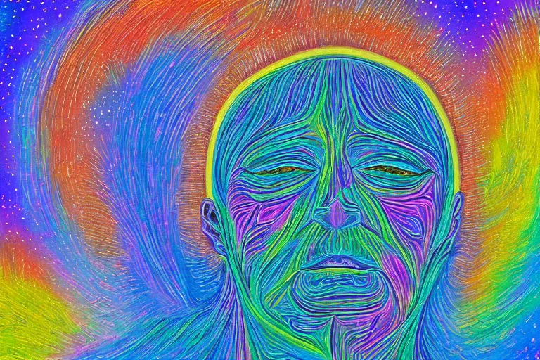 Image similar to digital art of a spiritual man looking up at the stars, glowing light, acrylic art, universe, painting, pastel colors, alex grey,