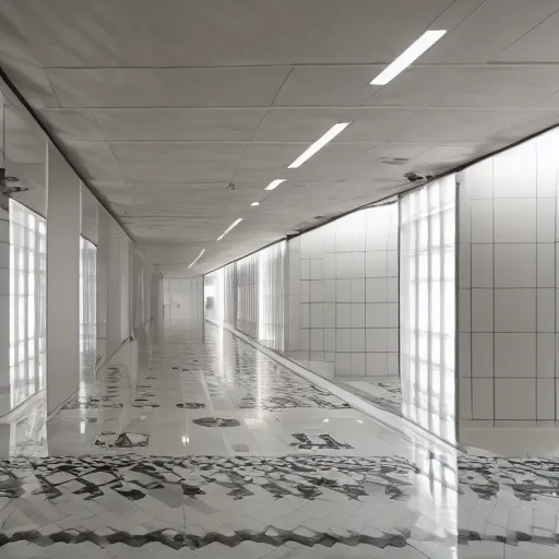 Image similar to photo of a vast interior space of randomly connected corridors, stairs and rooms. ceramic white tiles on all the walls.