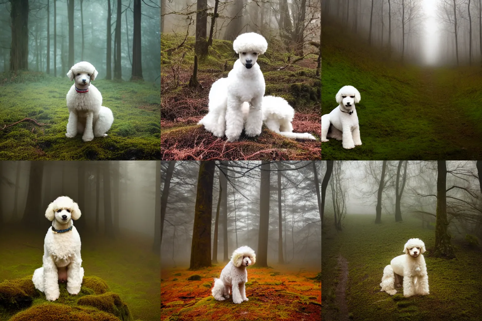 Prompt: high detail photo of a white poodle sitting alone in the mossy foggy forrest, orange glowing fog, desolate, atmospheric, hazy, 8k, reflections