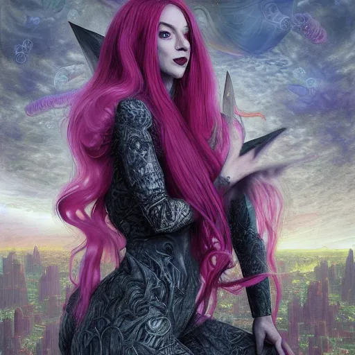 Prompt: a character portrait of a slyly grinning demoness with long pink hair, pointed ears, in modern casual clothing, in front of an intricate detailed of an alien world, by dorian cleavenger, greg rutkowski, wlop, astri lohne, zdzisław beksinski trending on artstation