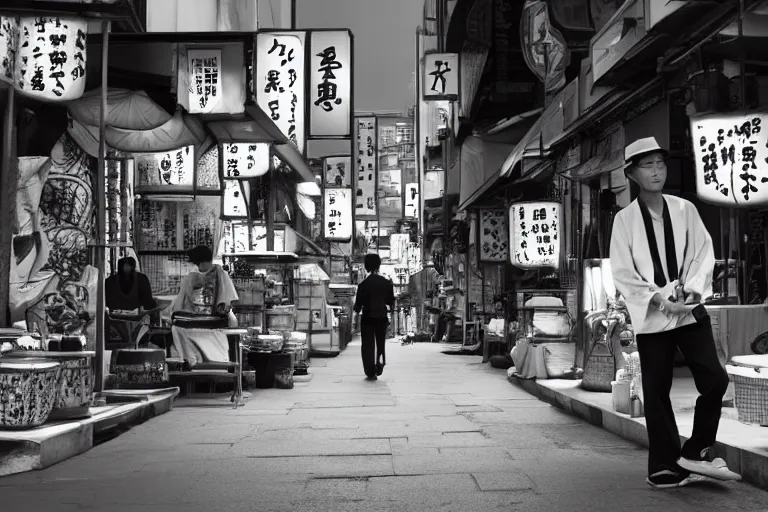 Image similar to still photo of a japanese street vendor, black and white color aesthetic, highly detailed, photorealistic portrait, bright studio setting, studio lighting, crisp quality and light reflections, unreal engine 5 quality render