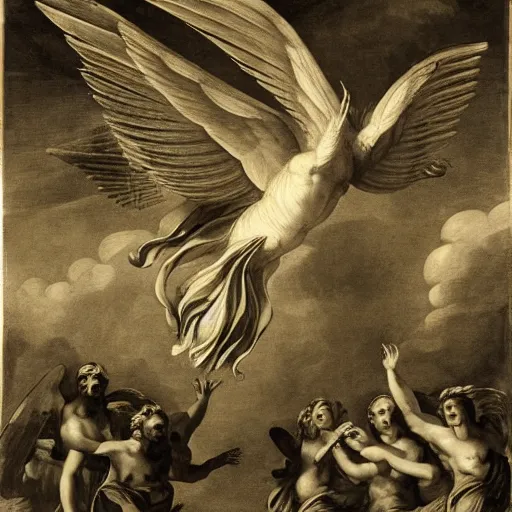 Prompt: melancholic, placid low - key lighting by giovanni battista gaulli. a photograph of a winged creature, flying high above a group of people in a dark, wooded area. the creature's wings are spread wide & its head is turned upwards, looking towards the sky. people below looking up at creature awe & fear.