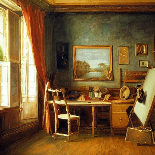 Image similar to painting of the room of an artist, very detailed