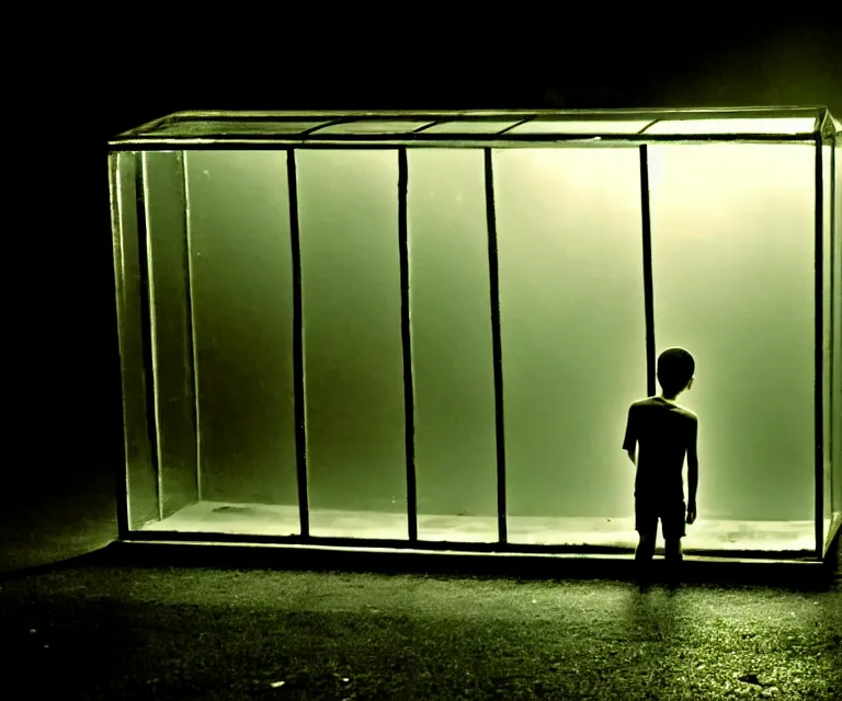 Prompt: a boy confined in a glass box middle of the streets, night, light over boy, misty