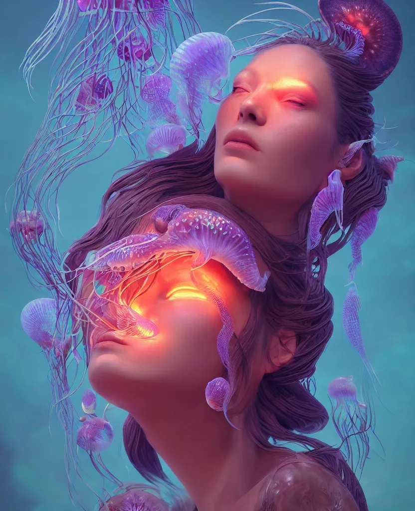 Image similar to goddess close-up portrait. orchid jellyfish phoenix head, nautilus, skull, betta fish, bioluminiscent creatures, intricate artwork by Tooth Wu and wlop and beeple. octane render, trending on artstation, greg rutkowski very coherent symmetrical artwork. cinematic, hyper realism, high detail, octane render, 8k