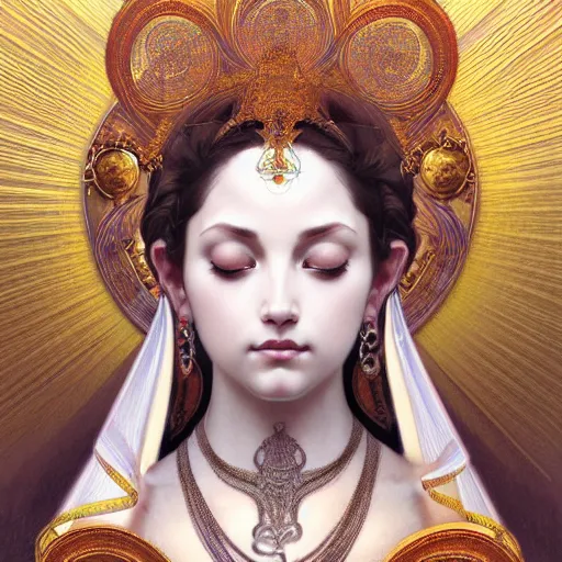 Prompt: intense portrait of the white tara, intricate, elegant, highly detailed, my rendition, digital painting, artstation, concept art, smooth, sharp focus, illustration, art by artgerm and greg rutkowski and alphonse mucha