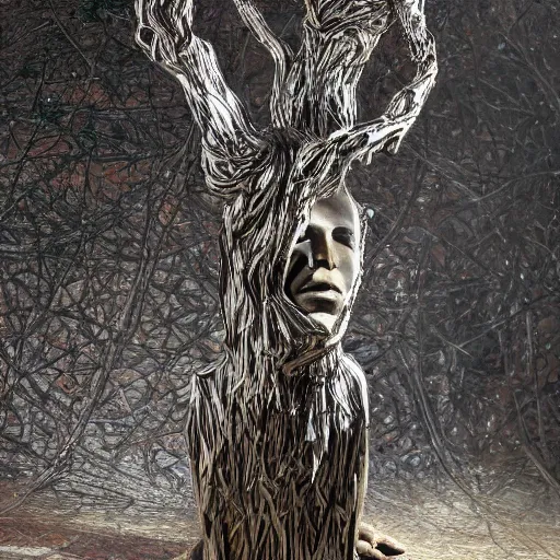 Image similar to a human man statue stuck in a cosmic tree, a sense of awe, amazement, monogon, plasma display, wooden, silver, mercury, damascus, armature wire, multiscopy, morph, in a symbolic and meaningful style, insanely detailed and intricate, hypermaximalist, elegant, ornate, hyper realistic, super detailed,