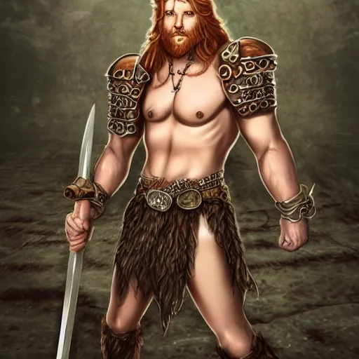 Image similar to ginger viking with flowing long wavy hair in leather and metal armor, bare chest, very pale, very hairy, very muscular, very tall, full body picture, fantasy, dungeons and dragons, detailed digital art, 4 k