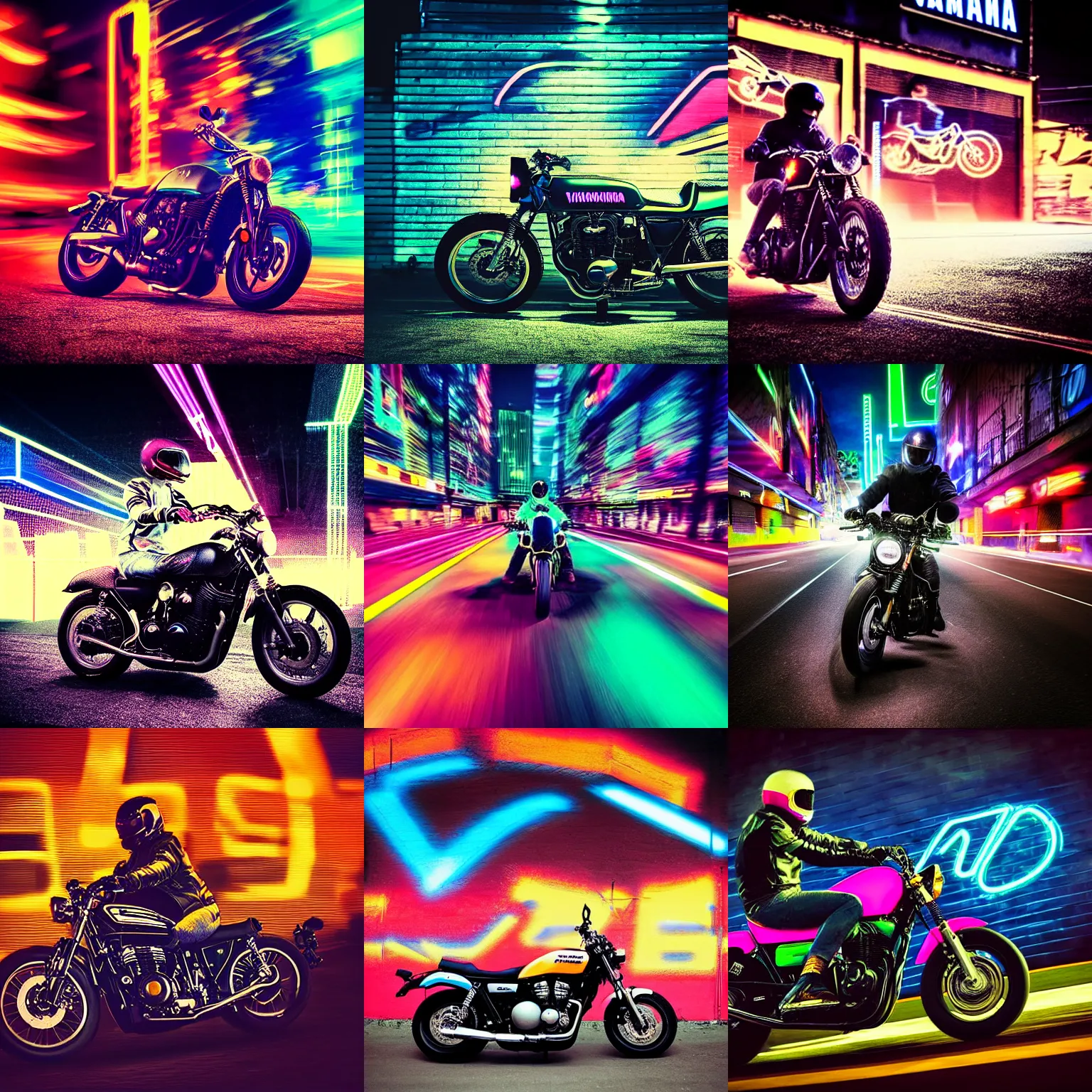 Prompt: grainy album cover of a racing on a Yamaha XV950/R in front of neon glowing graffiti at night, motion blur, dual tone lighting, chromatic aberration, atmospheric