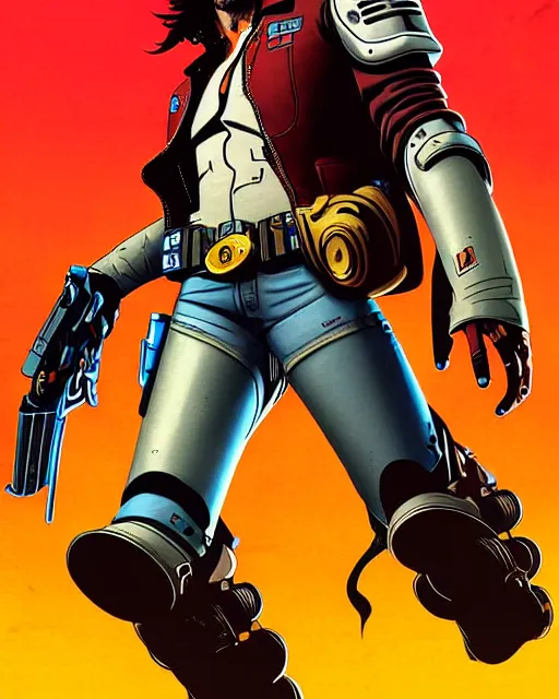 Image similar to mccree from overwatch, cyber space cowboy, outter space, cyber armor, character portrait, portrait, close up, concept art, intricate details, highly detailed, vintage sci - fi poster, retro future, vintage sci - fi art, in the style of chris foss, rodger dean, moebius, michael whelan, and gustave dore