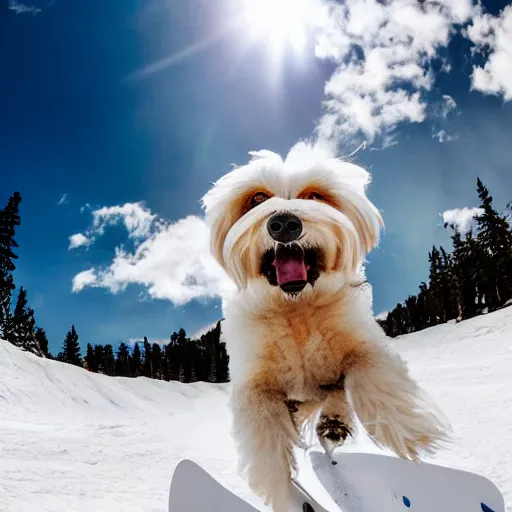 Image similar to a cream-colored havanese dog snowboarding, gopro photo, 4k