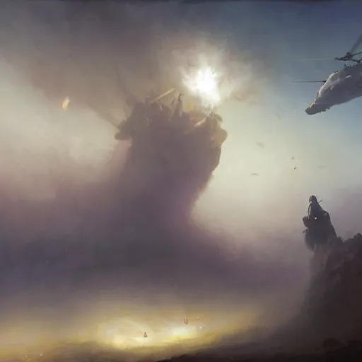 Image similar to a spy doing his mission flying in a helicopter while explosion in the background particles dusty explosion fog made by ivan aivazovsky, peter mohrbacher, greg rutkowski volumetric light effect broad light oil painting painting fantasy art style sci - fi art style realism premium prints available artwork unreal engine