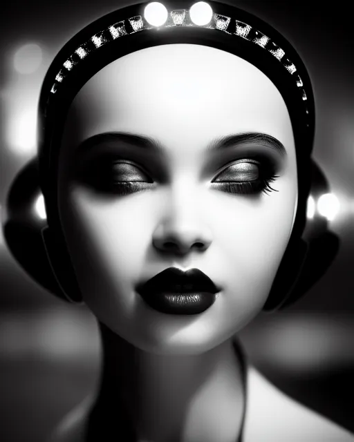 Image similar to black and white dreamy young beautiful female artificial intelligence with a techno crown, cinematic, rim light, bokeh, photo - realistic, elegant, high detail, 8 k, masterpiece, photo taken in 1 9 3 0