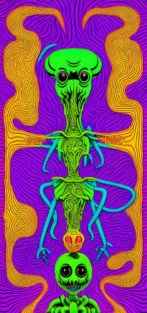 Image similar to dmt creature portraits in the style of kaws, victo ngai, lisa frank, francis goya, basil wolverton, roy litchenstein, mc escher style, dynamic lighting, 8 0 mm photo