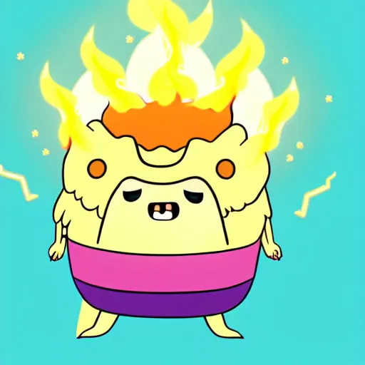 Image similar to kawaii wacky fluffy popcorn with lightning bolt power, yokai, in the style of an adventure time character, with a smiling face and flames for hair, sitting on a lotus flower, white background, simple, clean composition, symmetrical