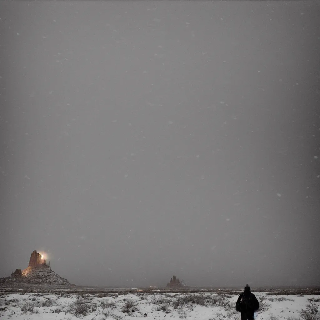 Image similar to photo of shiprock, new mexico during a snowstorm. a mark iv tank is in the distance, looking back over his shoulder. cold color temperature, snow storm. hazy atmosphere. humidity haze. kodak ektachrome, greenish expired film, award winning, low contrast,