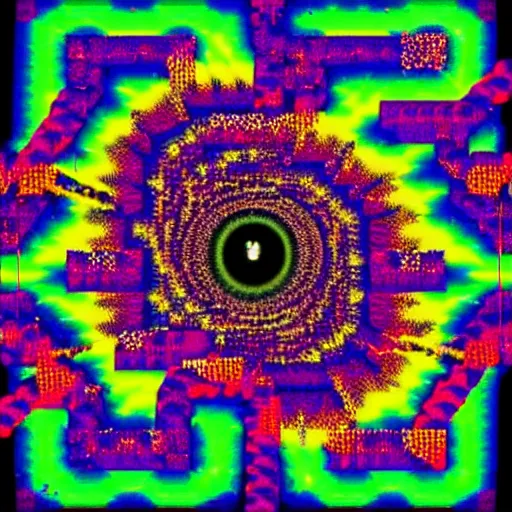 Image similar to a glitch in a cosmic metaverse, path leading to dilated pupil eye, consciousness rising, glitch art, pixelart, mystic art