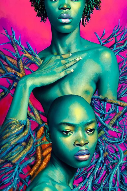 Image similar to hyperrealistic post - maximalist masterpiece super expressive! yoruba goddess with pink exoskeleton armor, merging with tree in a forest, highly detailed digital art cinematic, smooth cam de leon eric zener dramatic pearlescent soft teal light, ground angle hd 8 k, sharp focus