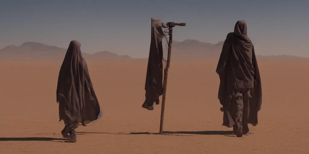 Prompt: a walker with a cloak walking in a desert where a mirage is taking place