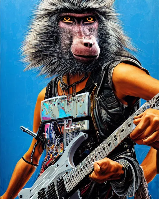 Image similar to a portrait of an anthropomorphic cyberpunk baboon shredding an electric guitar by sandra chevrier, by jon foster, detailed render, tape deck, epic composition, cybernetics, 4 k realistic, cryengine, realistic shaded lighting, sharp focus, masterpiece, by enki bilal