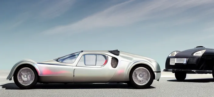 Image similar to a single bugatti type 5 7 sc atlantic and delorean hybrid, dslr, volumetric lighting