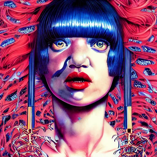 Image similar to portrait of crazy beautiful singer sia kate isobelle furler, ymmetrical, by yoichi hatakenaka, masamune shirow, josan gonzales and dan mumford, ayami kojima, takato yamamoto, barclay shaw, karol bak, yukito kishiro