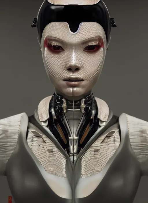 Image similar to portrait of a futuristic geisha cyborg, in the style of ghost in the shell, kintsugi, modern fine art, fractal, intricate, elegant, highly detailed, digital photography, subsurface scattering, by erwin olaf and greg rutkowski,