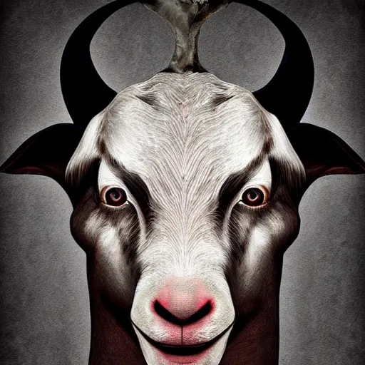 Prompt: vladimir putin, anthropomorphic goat putin, putin face hybrid, macabre, horror, digital art