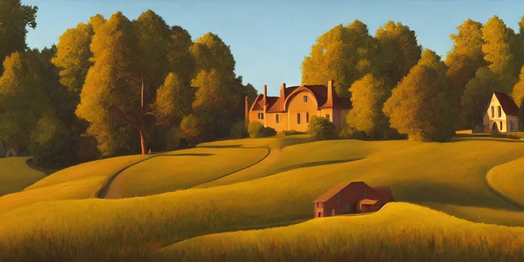 Prompt: a wooden manor on a hill in the countryside, golden hour, summer, painting by kenton nelson